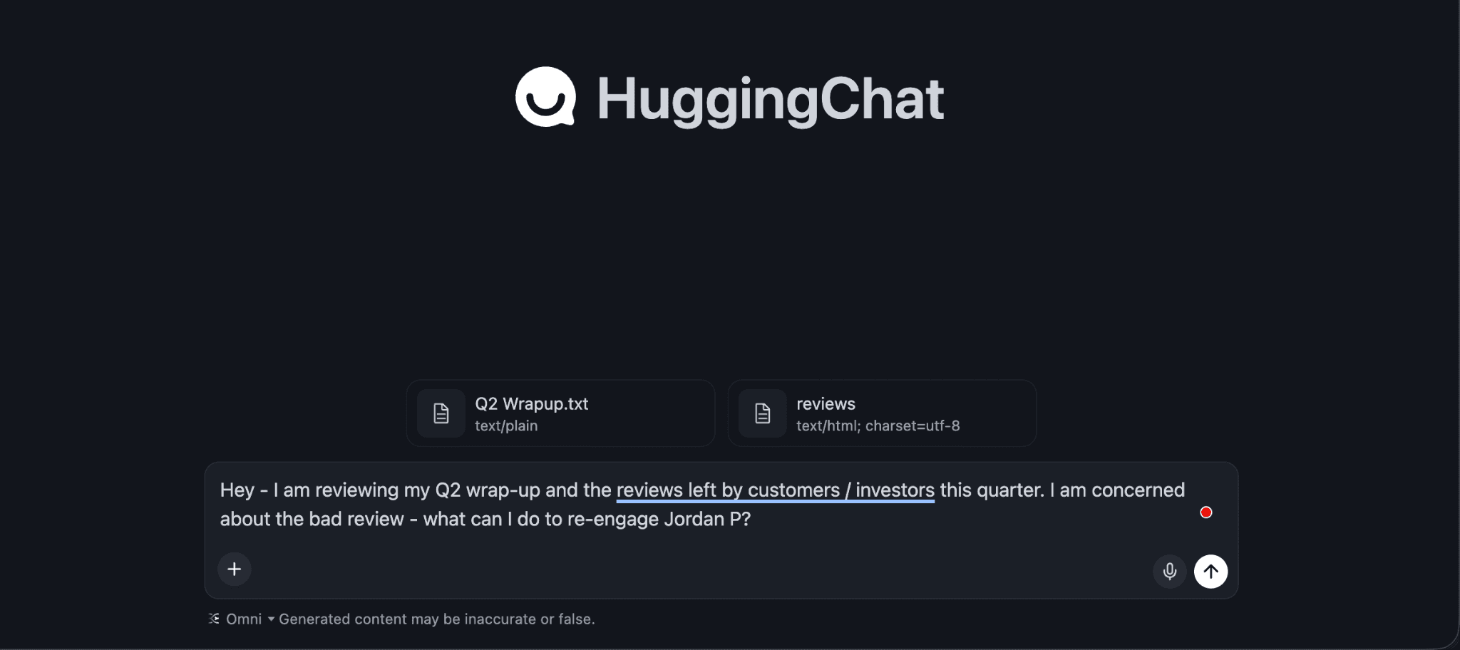 The user enters a query asking how they can re-engage 'Jordan P' who left a bad review on the reviews site.