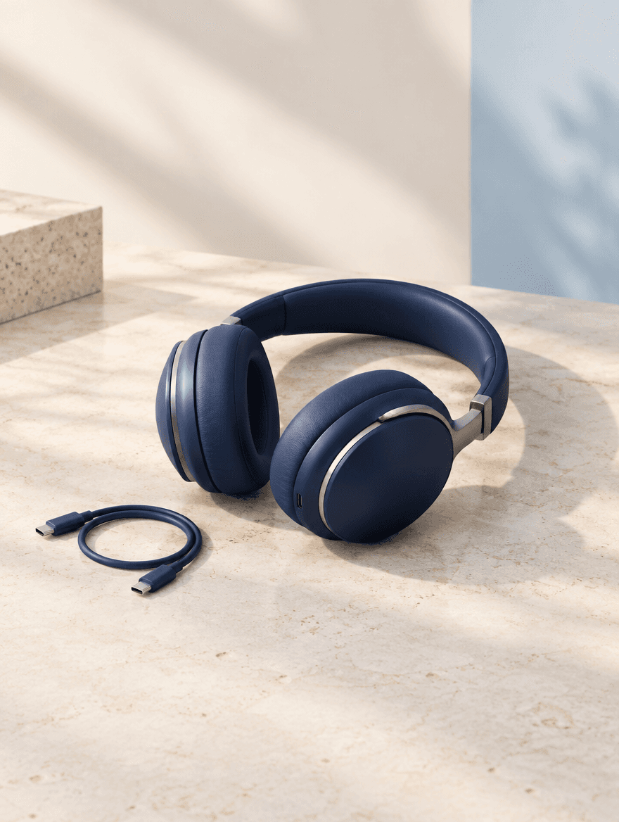 Illustrative headphones and a charging cable in warm daylight.
