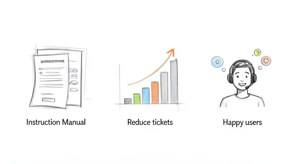 Sketches illustrate an instruction manual, a bar chart showing reduced tickets, and a happy user with a headset.