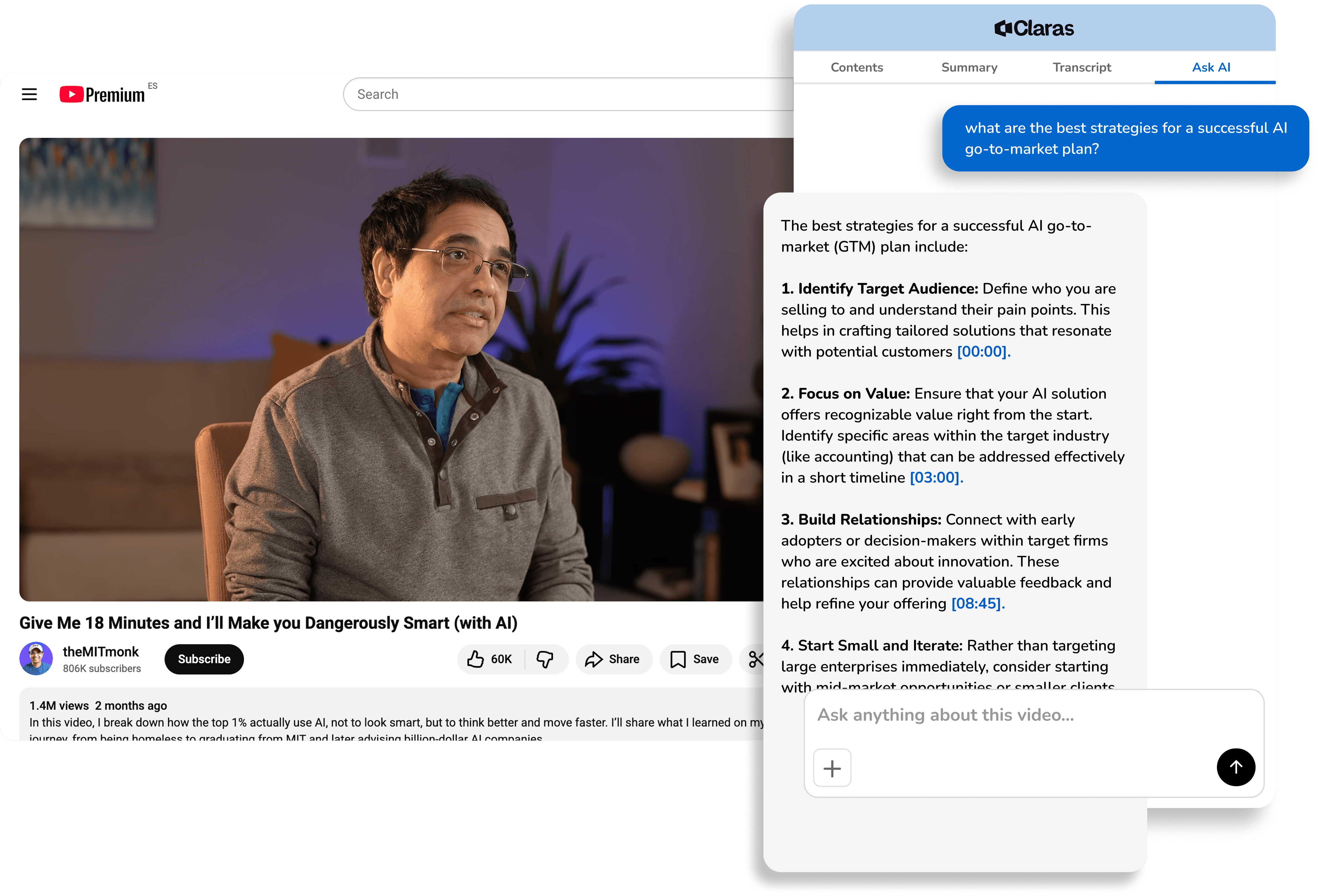 An image of Claras product youtube transcriber AI chat