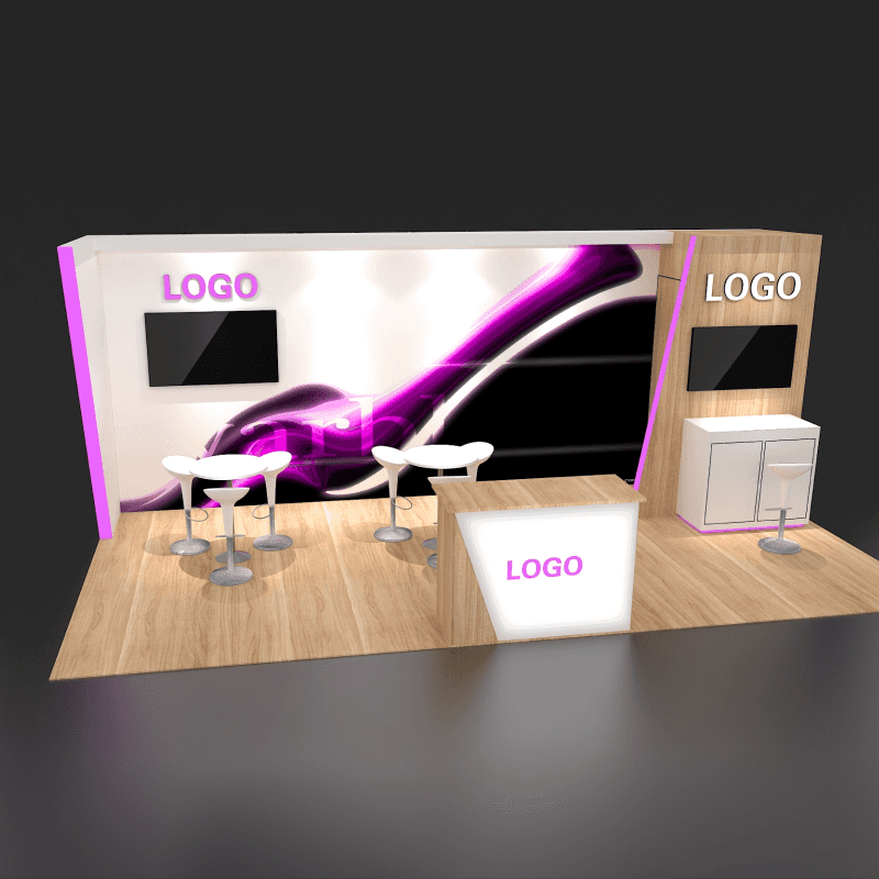 10x20 booth rental with two monitor walls and branded backwall