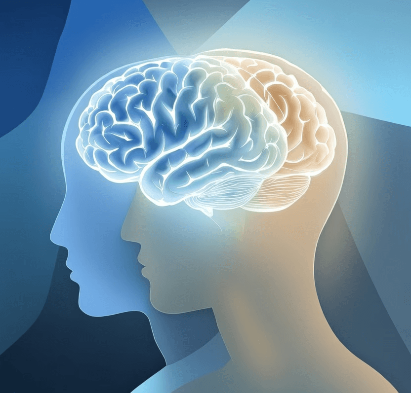 Conceptual illustration of two brains connecting with shared neural energy, highlighting communication, bonding, and brain chemical interaction