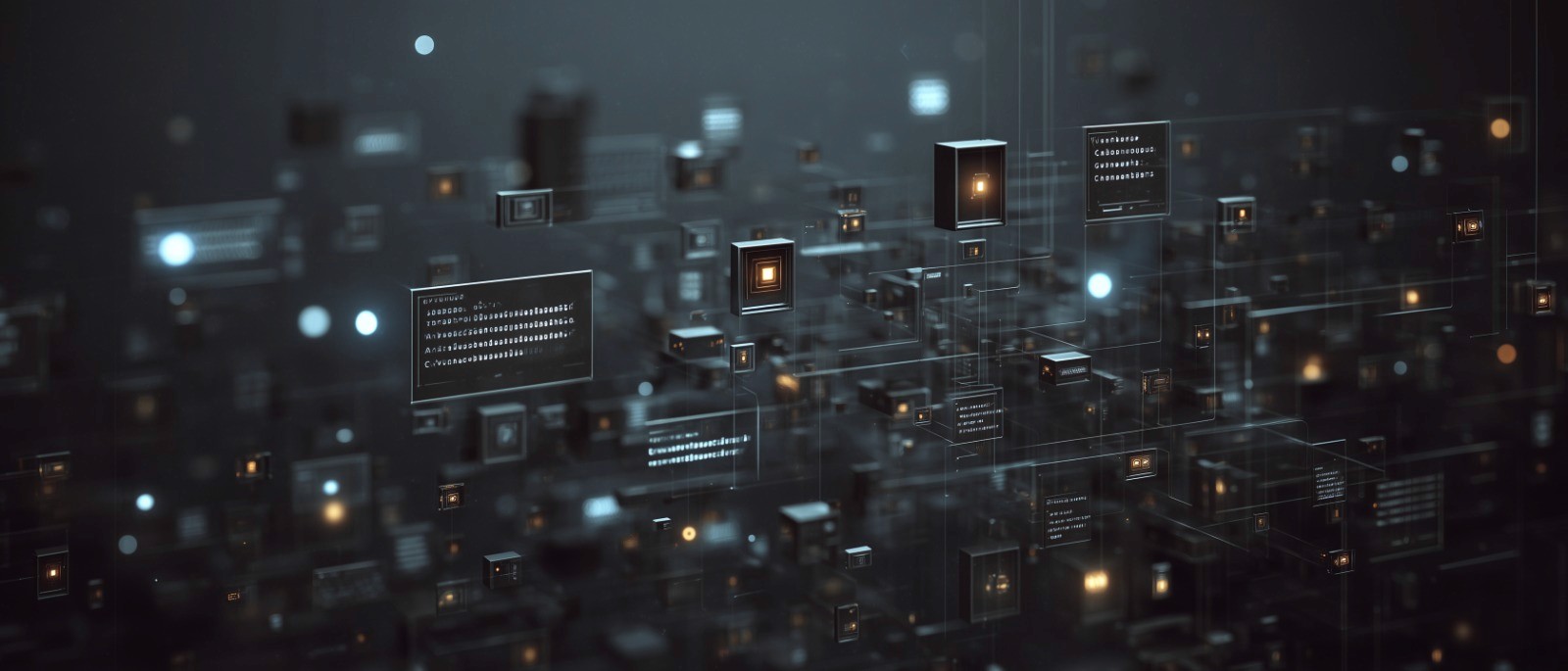 Dark, futuristic scene of floating data panels and glowing nodes connected by fine lines, evoking telemetry, audit visibility, and real-time system monitoring.