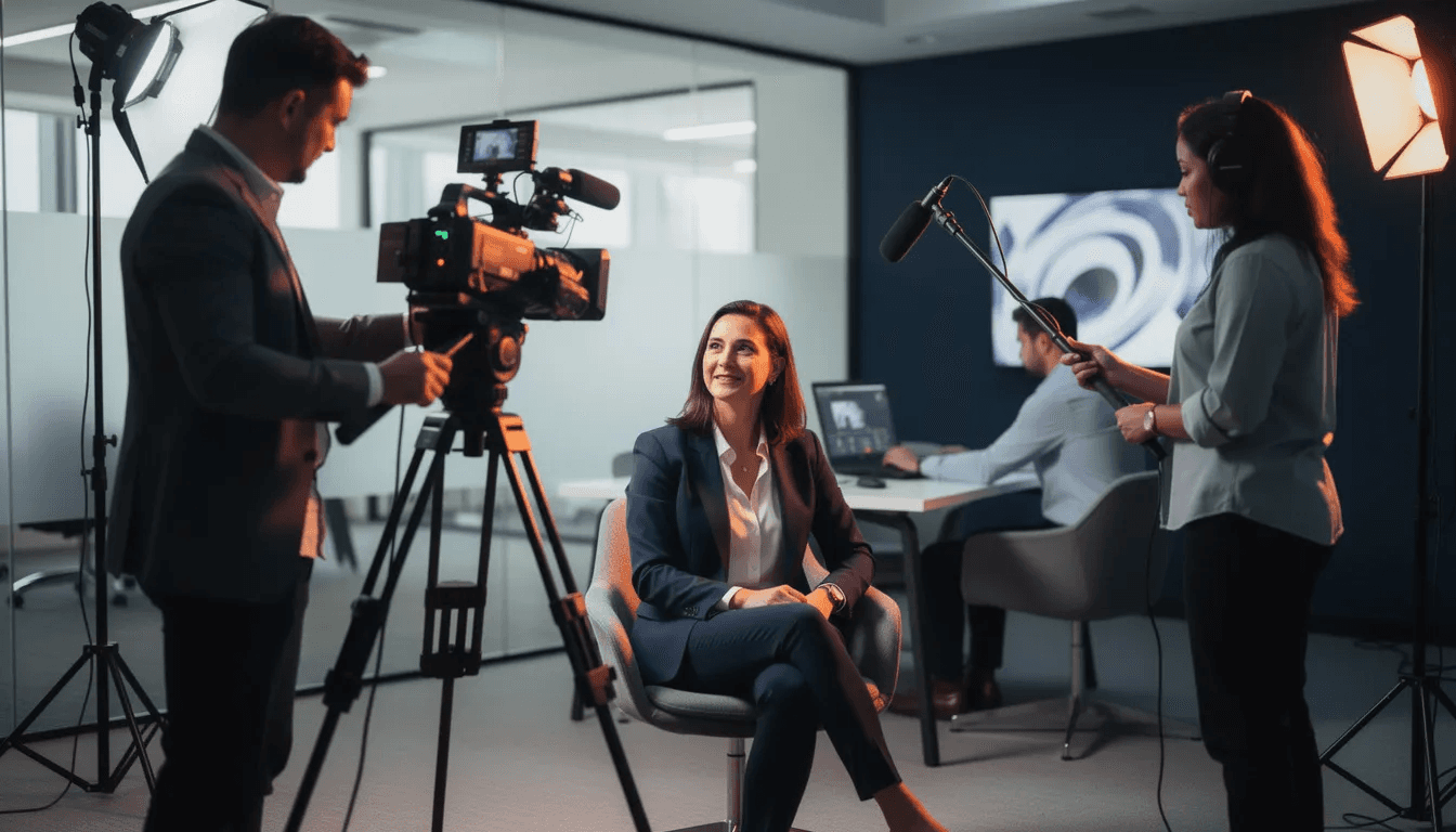 Une équipe de production vidéo professionnelle filme une interview dans un bureau moderne, baigné d'une lumière orange vif, avec des ombres profondes. Cette scène met en avant la stratégie de communication d'une entreprise pour renforcer sa marque employeur et attirer les meilleurs talents sur le marché du travail.