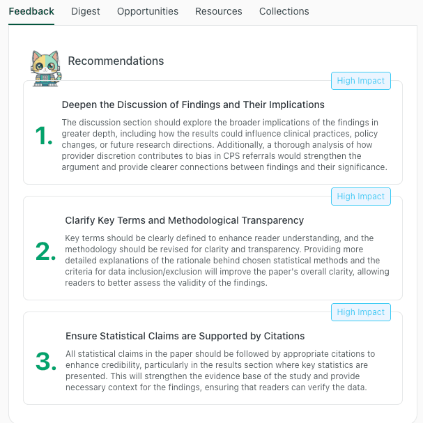 thesify Feedback tab showing the Recommendations panel for a CPS referrals manuscript, with three numbered high-impact actions about discussion depth, key terms and statistical citations.