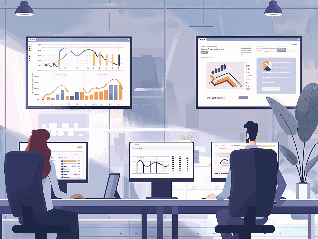 Sales professionals working on lead generation strategies using various analytical tools and charts displayed on multiple screens in a modern office setting.