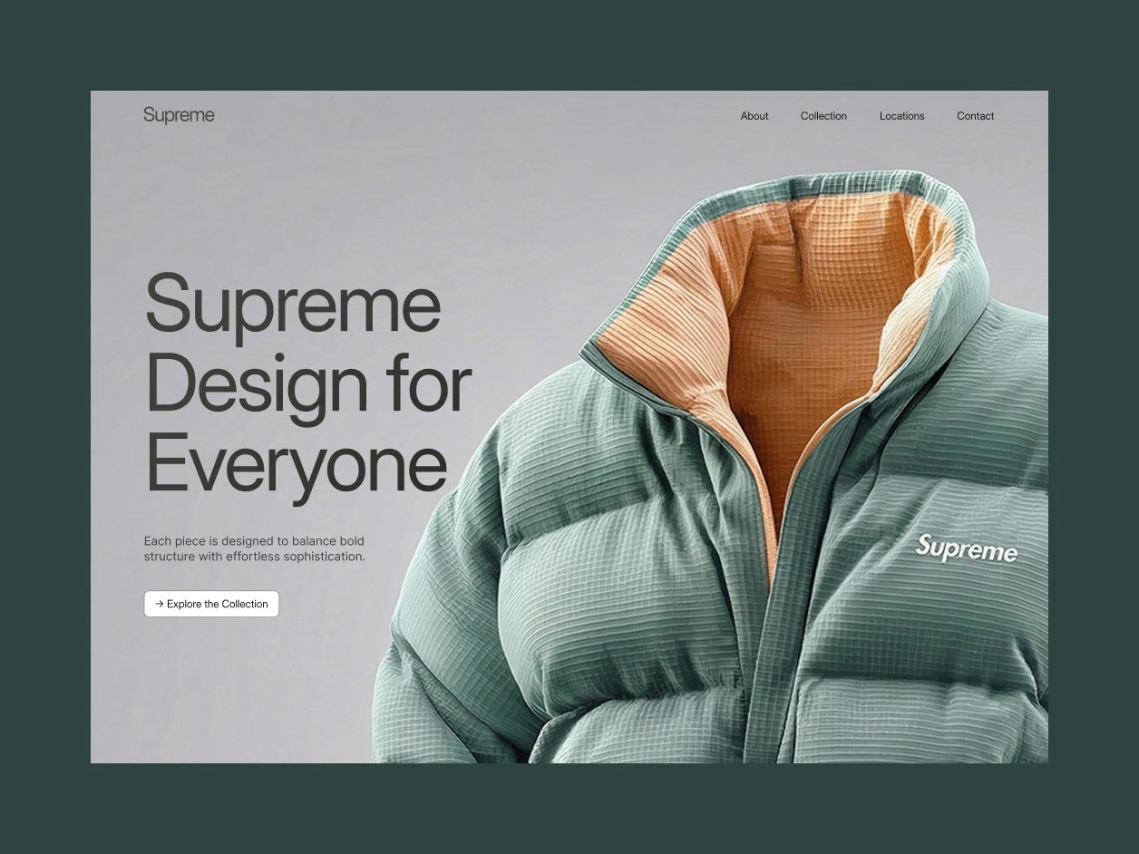 Supreme fashion website homepage featuring a modern puffer jacket product display with minimalist layout and bold typography.