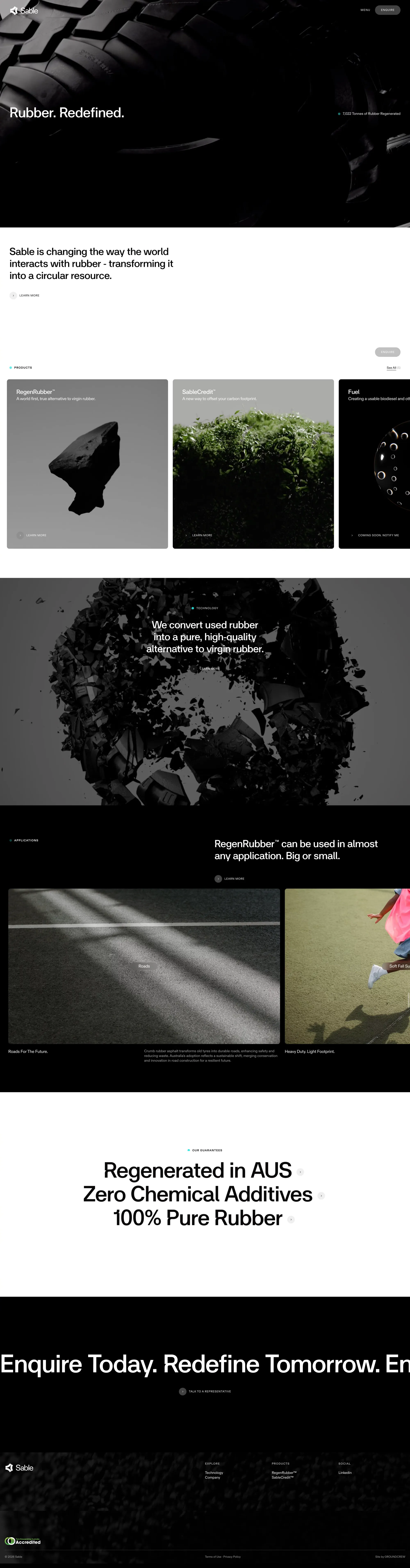 Rubber. Redefined. landing page screenshot showcasing Tech design