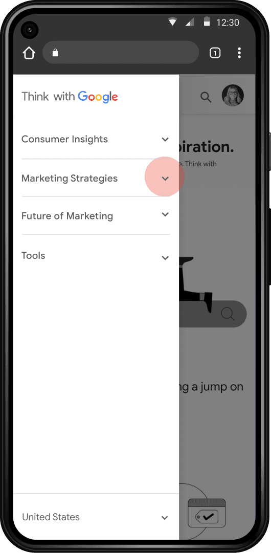 Mobile screen display of the Think with Google home page