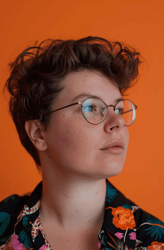 A man wearing glasses and a floral shirt stands against a vibrant orange background.