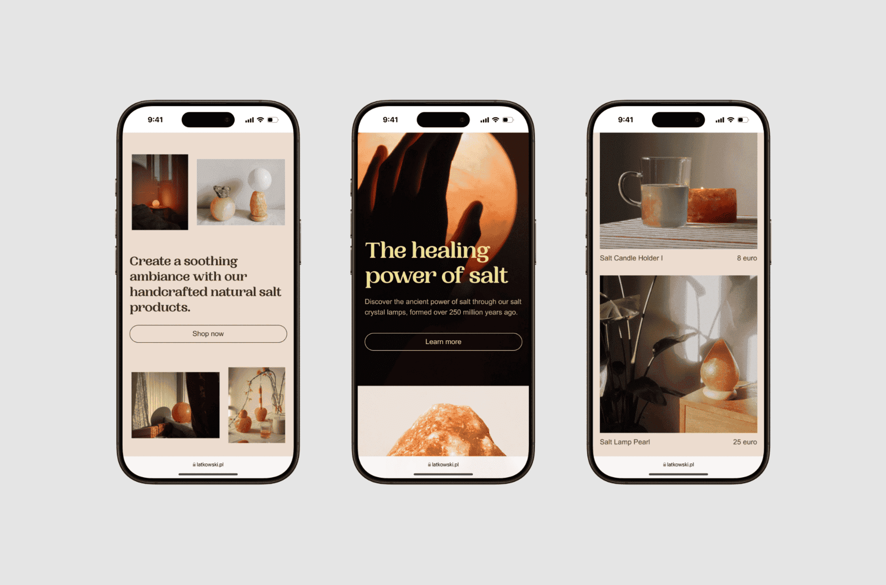 Three mobile screens showing the UI redesign for Latkowski Shop.