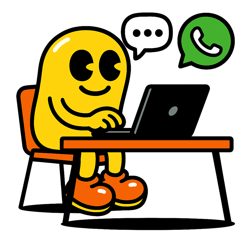 A smiling yellow cartoon character sits at a desk typing on a laptop. A WhatsApp logo and a speech bubble appear above their head, suggesting messaging or customer support activity.