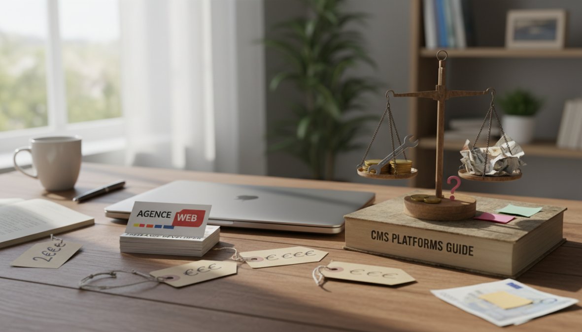 Un propriétaire de petite entreprise assis à un bureau, examinant des documents budgétaires imprimés et un ordinateur portable affichant un tableau de bord d'analyse web, expression concentrée et réfléchie, lumière de bureau chaude