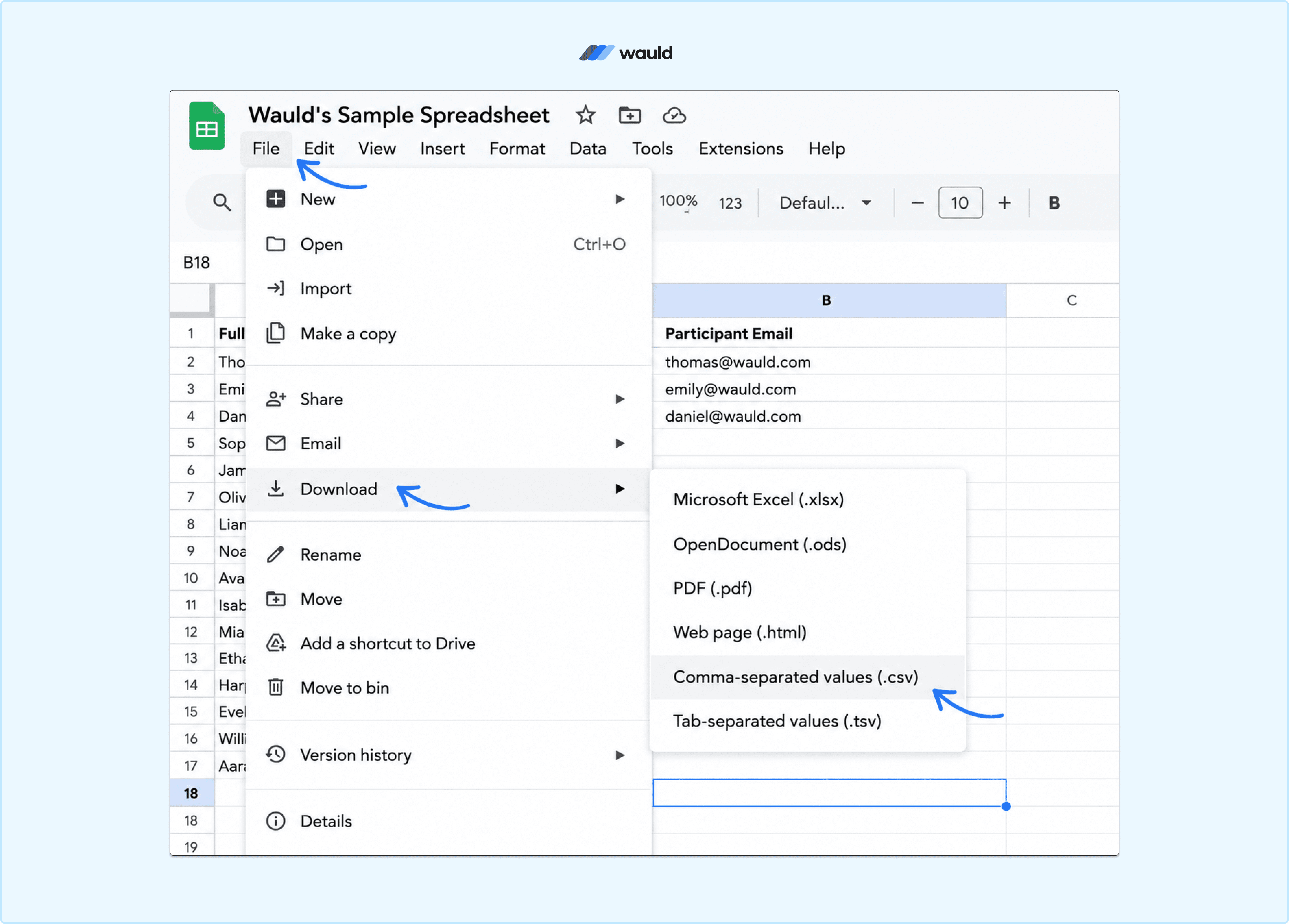 Screenshot of a Google Sheets document titled "Wauld's Sample Spreadsheet" with the File menu expanded and Download → Comma-separated values (.csv) highlighted using blue arrows. The spreadsheet contains participant data, demonstrating how to export recipient information as a CSV file for certificate automation.