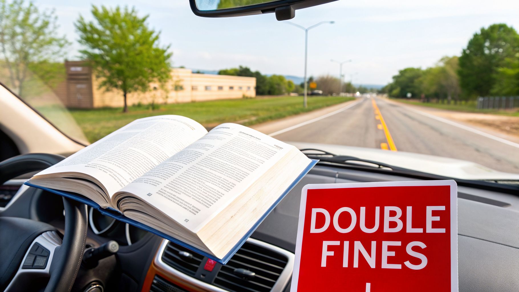 An open book rests on a car's steering wheel, with a 'Double Fines' sign on the dashboard.