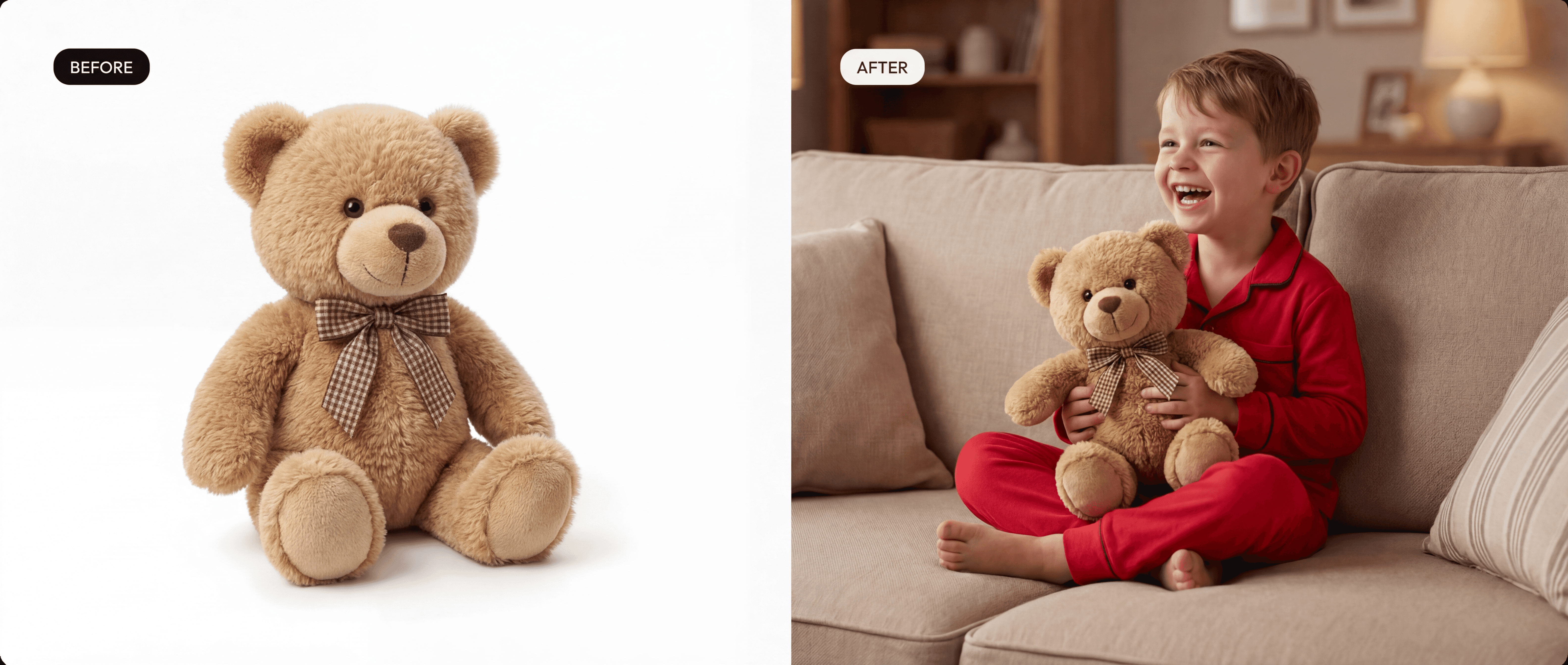 Before and after: teddy bear on white background transformed into child holding it in red pyjamas