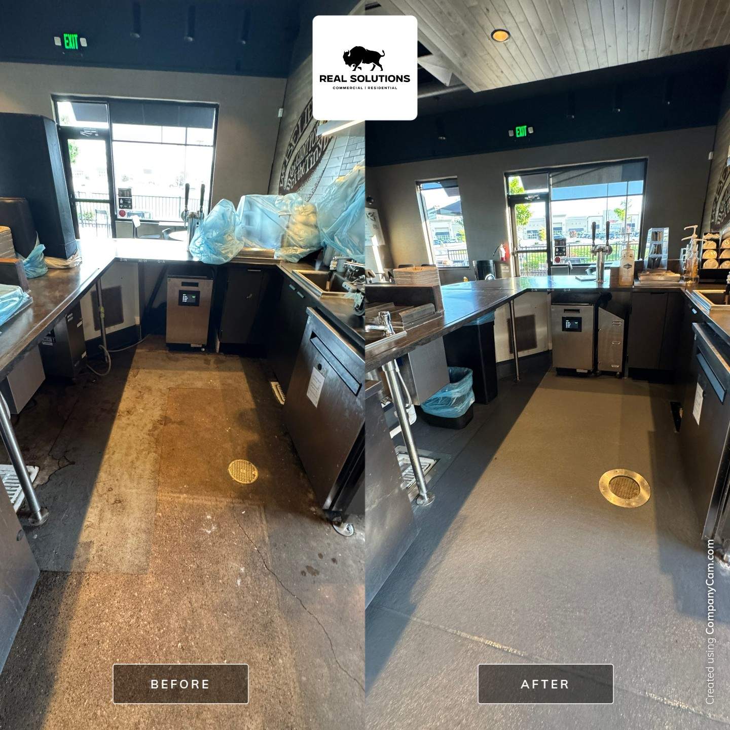 Finished Eco-Grip floor around stainless fixtures, demonstrating clean edges and professional sealing.