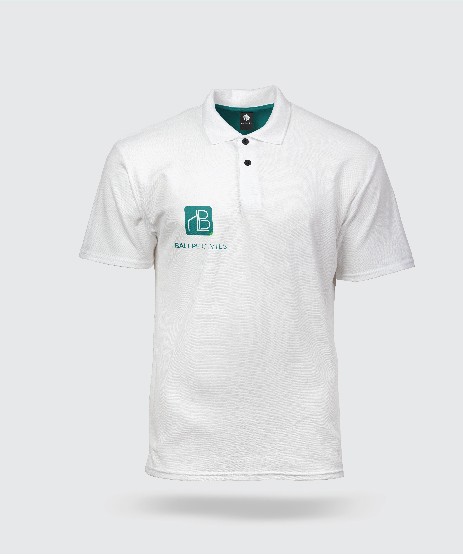 White T-shirt mockup displaying the company logo positioned on the right chest, emphasizing branded apparel design