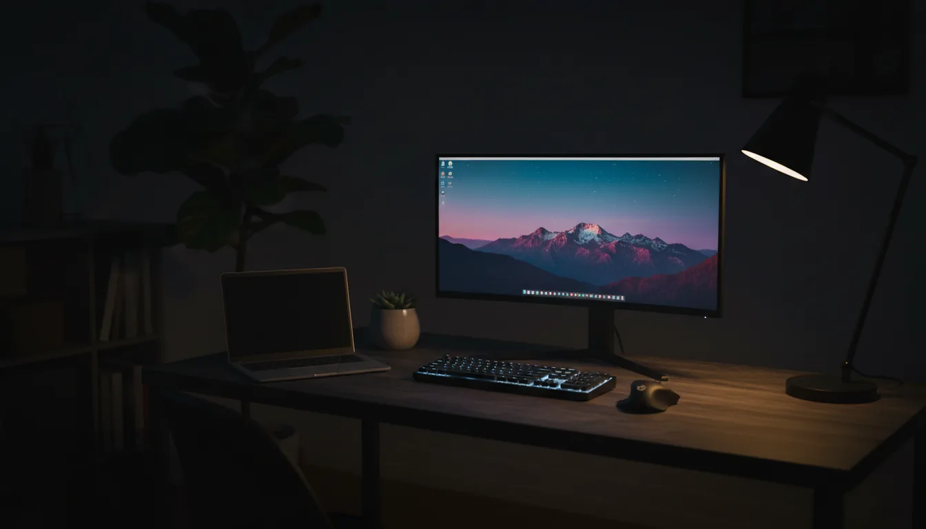 DSLR photography of a modern desk setup in a dark, moody room at night, cinematic contrast with deep shadows. A single black desk lamp casts a warm, focused light across a dark wood-grain desk, illuminating a silver laptop, external keyboard, and mouse. The main monitor glows with a vibrant, colorful mountain landscape wallpaper, casting a cool blue light onto the scene. A small potted plant sits on the desk, with a larger plant silhouetted in the shadows on the left. Sharp focus on the desk equipment creates a quiet, productive atmosphere.