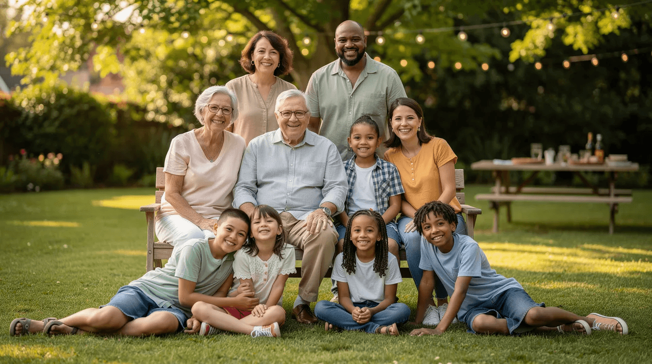 The image depicts a multi-generational family enjoying a sunny day outdoors, gathered together and smiling, representing the importance of family health history and planning for future care costs. This joyful scene highlights the connections between loved ones and the significance of long term care insurance in ensuring their well-being.