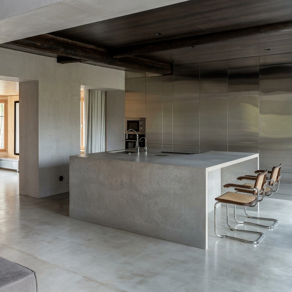 Brutalist modern kitchen with a monolithic concrete island, stainless steel cabinetry, and dark wooden beams.