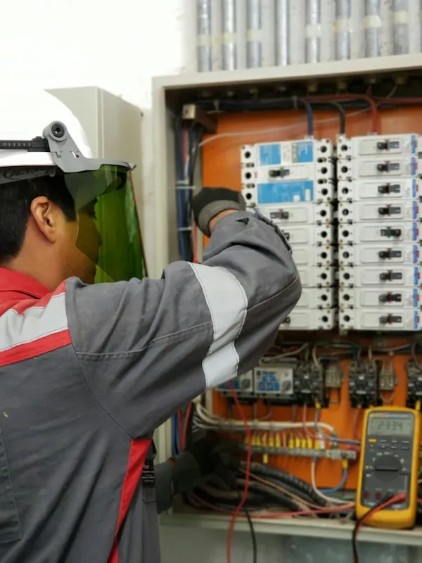 Electrician testing a commercial electrical panel