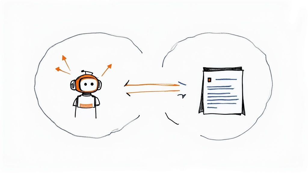 A modern illustration showing a chatbot icon connected to a digital guidebook.