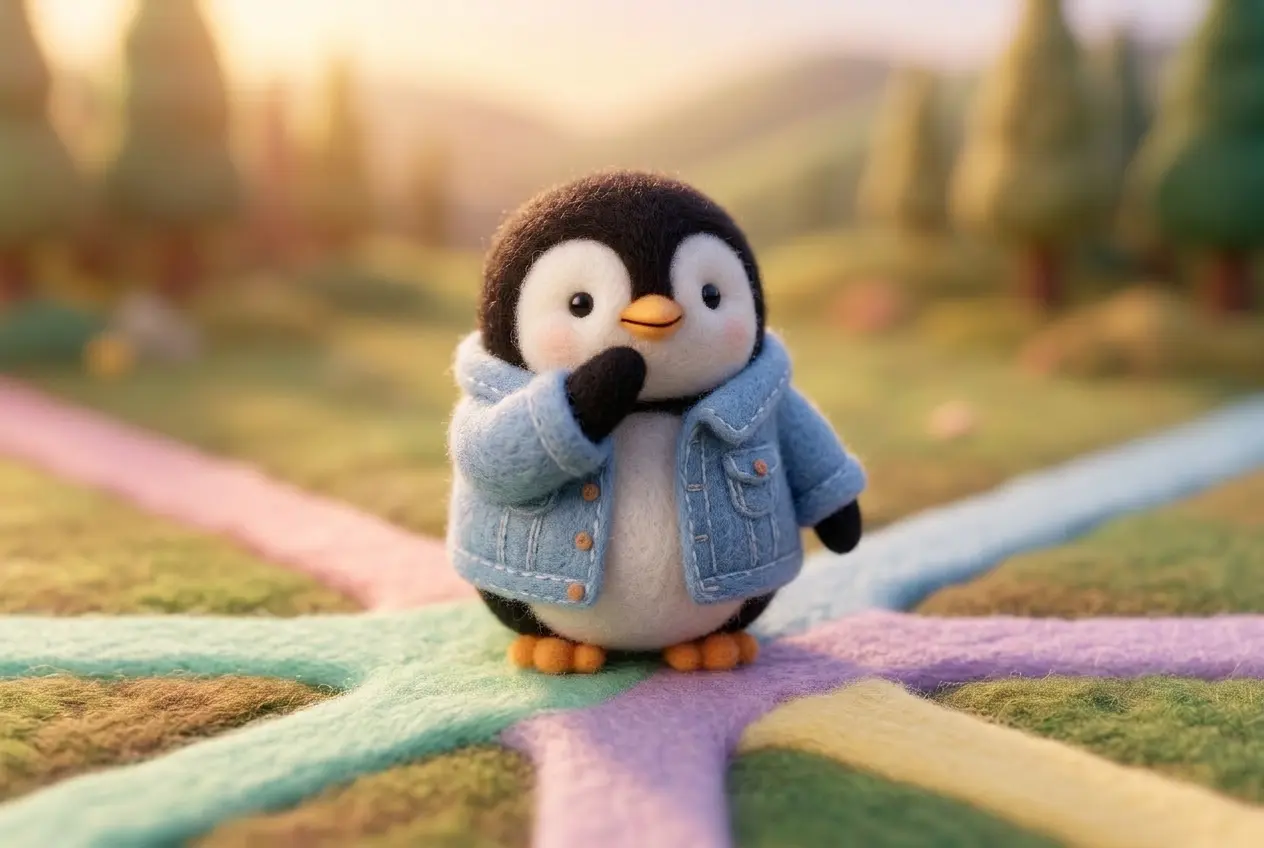 A wool felt penguin in a denim jacket standing at a crossroads with colorful paths, choosing the best running app
