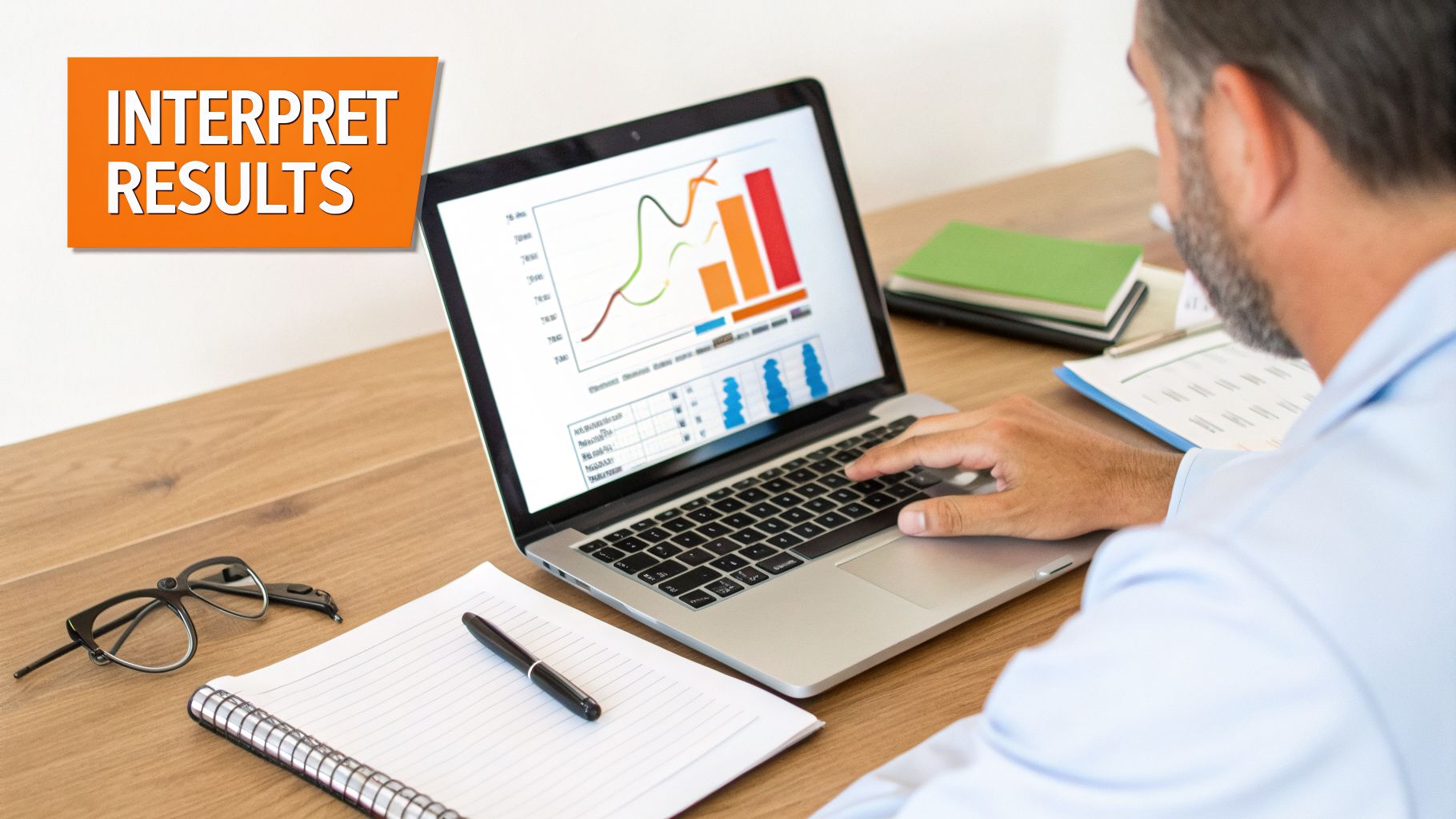 A man interprets results on a laptop showing charts and graphs at a wooden desk.