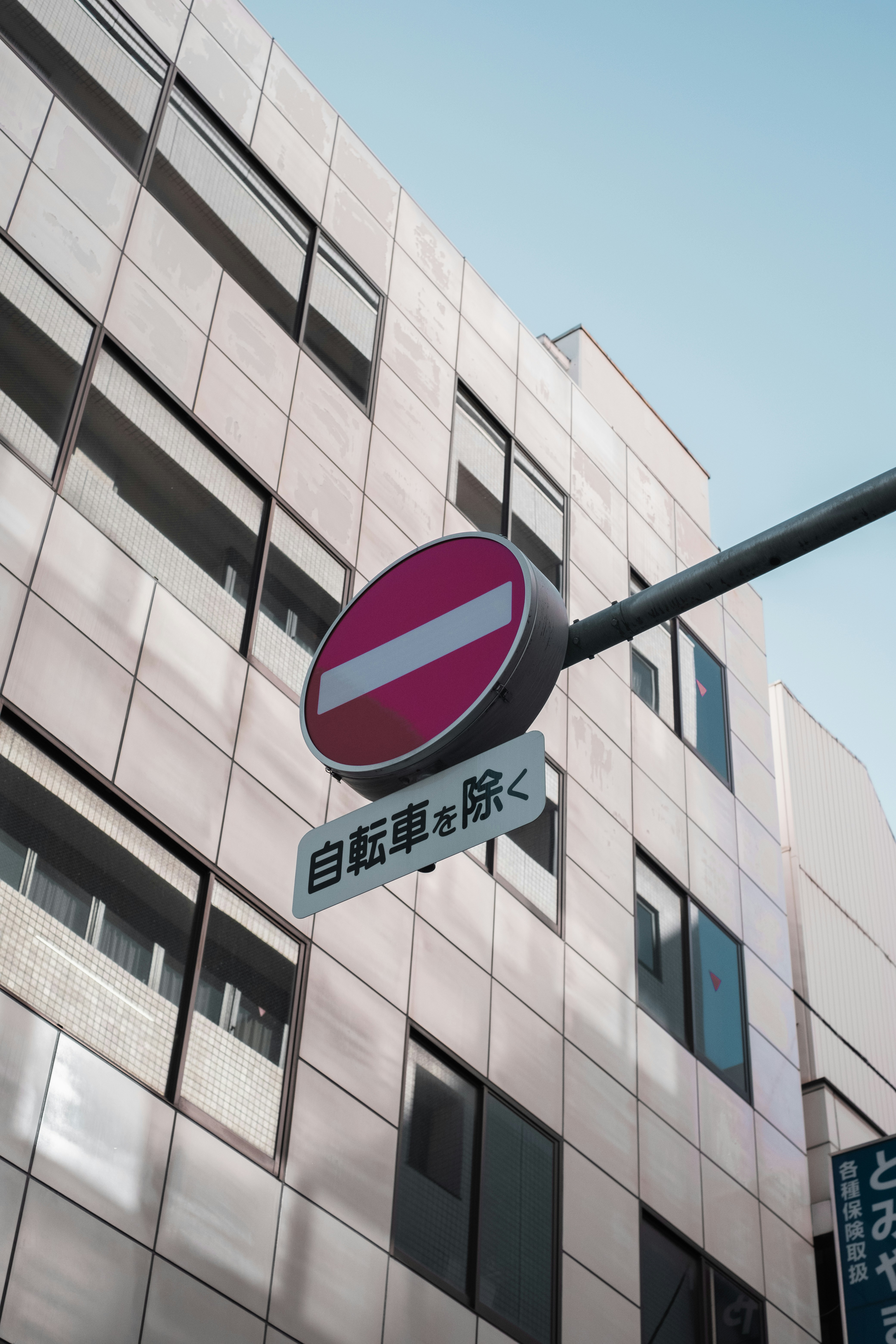 A close-up of a no-entry sign mounted on a pole, with a modern building in the background and clear blue sky.