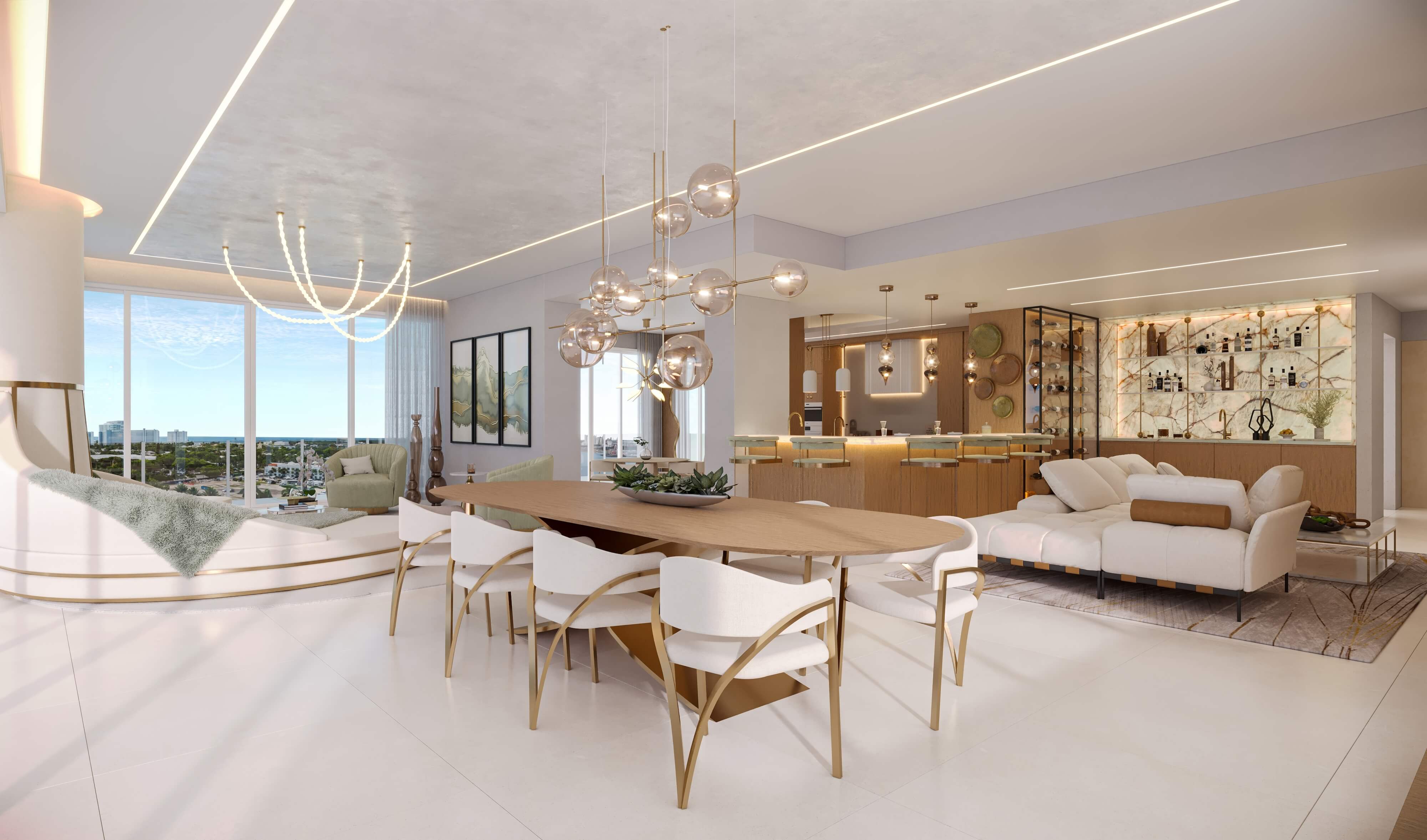 Luxury penthouse living and dining area with ocean views, custom lighting, and warm modern finishes.