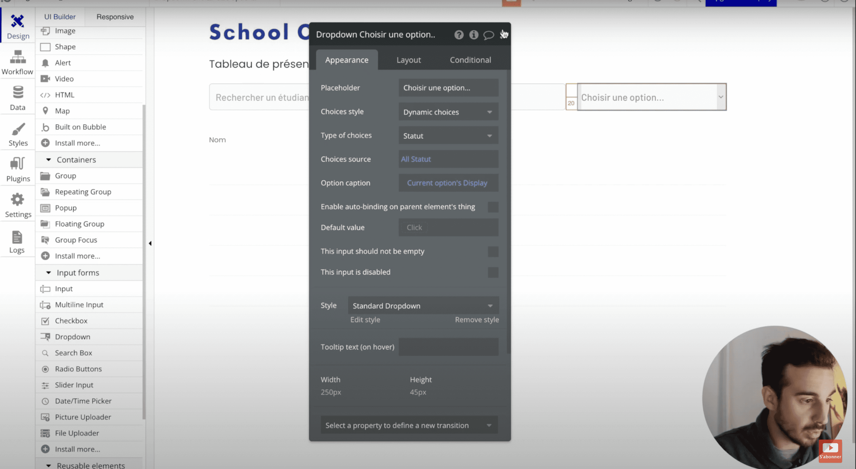 Paramétrage du dropdown