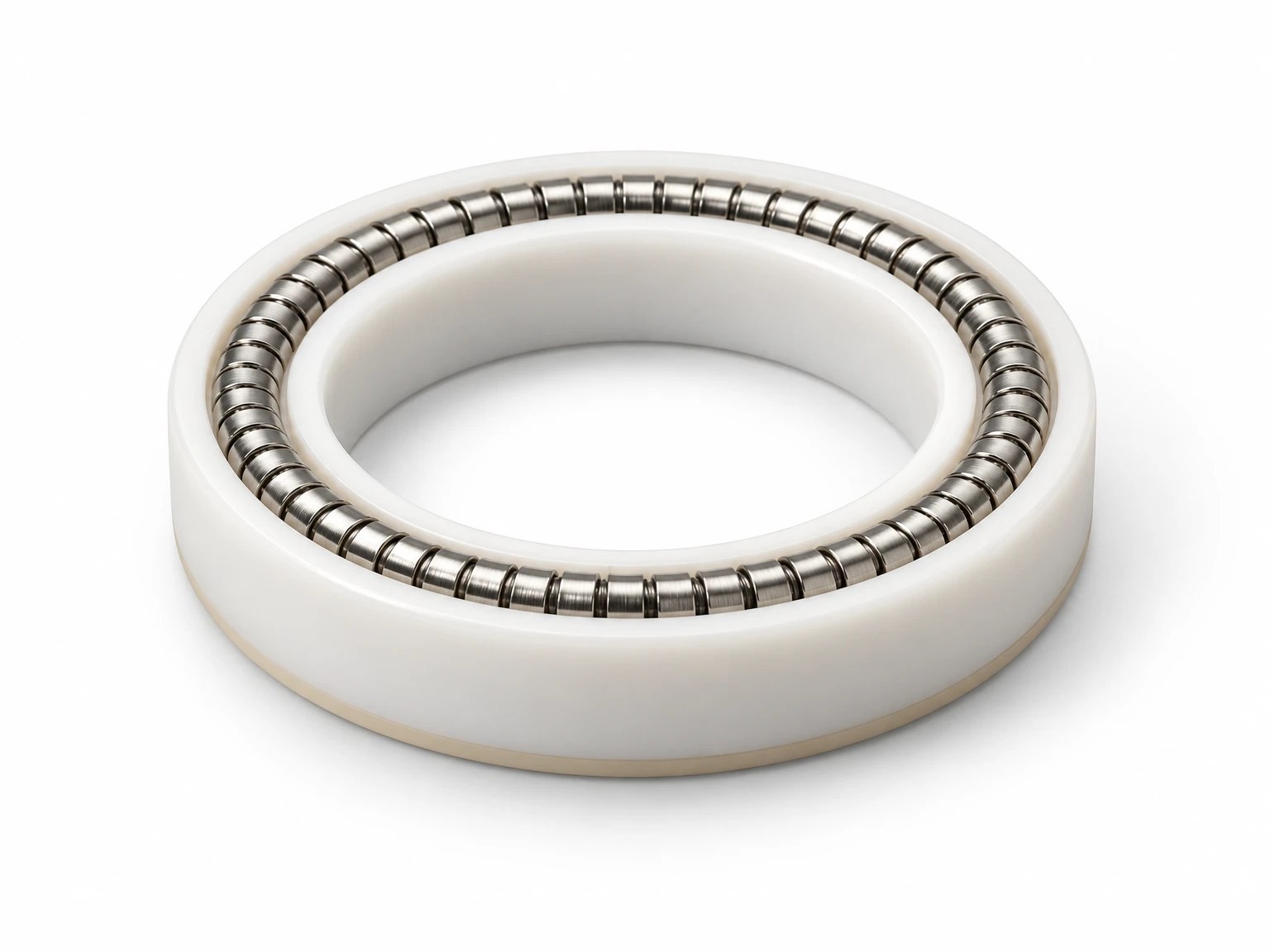 White FS-seal with a coiled metal spring set in its face