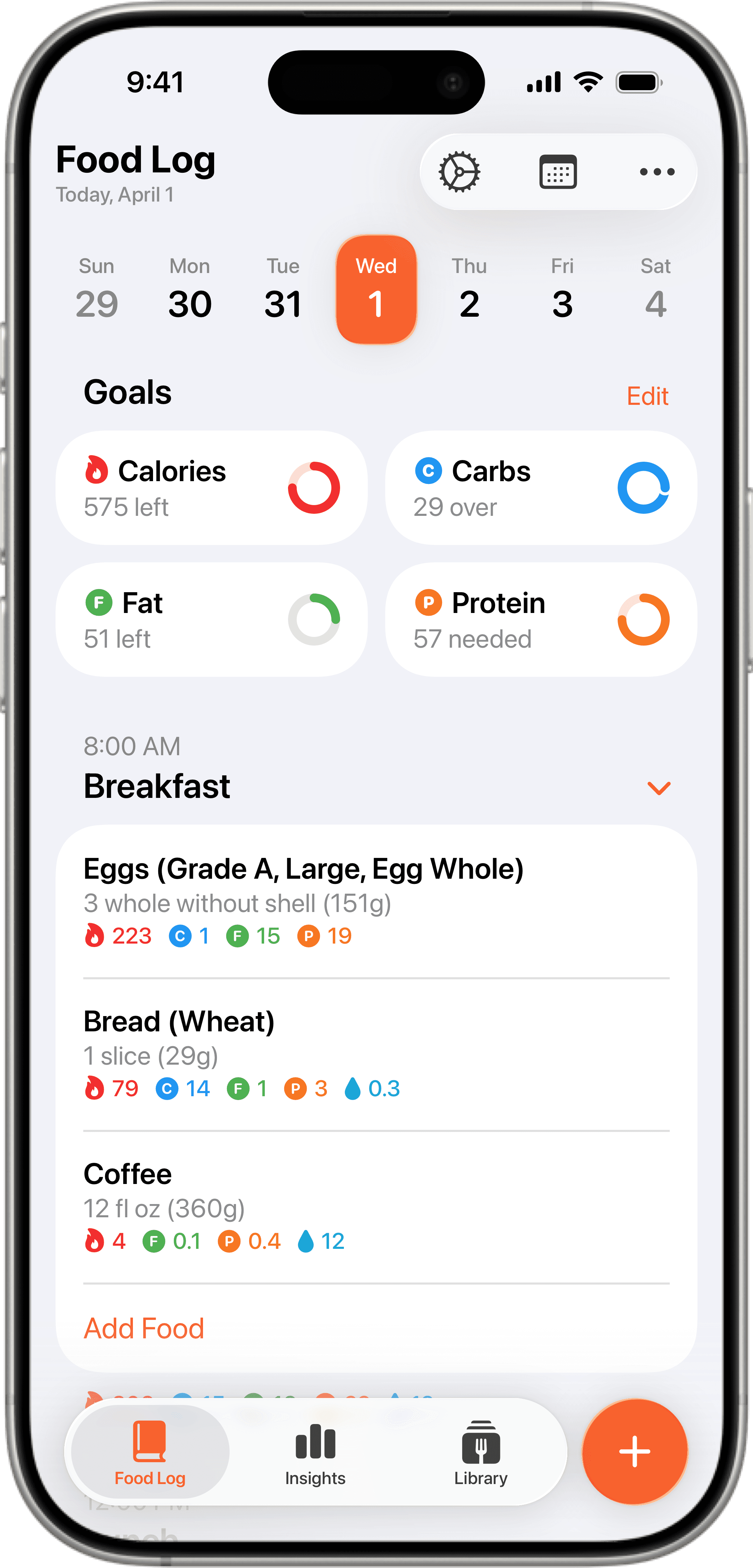 Foodnoms food diary showing daily meal log with calories, carbs, fat, and protein tracking for breakfast and lunch