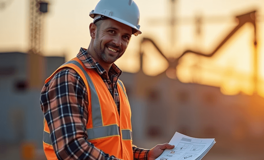 construction contractor reviewing business paperwork and finances on job site in Canada