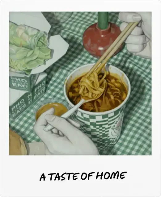 Pho Street Eats Polaroid captioned "A taste of home": chopsticks lifting noodles from a branded cup on a green gingham cloth.