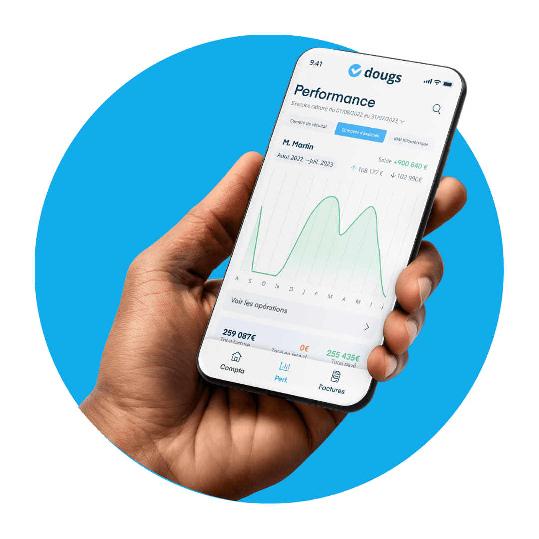 A hand holding a smartphone displaying a financial graph on a blue circular background.