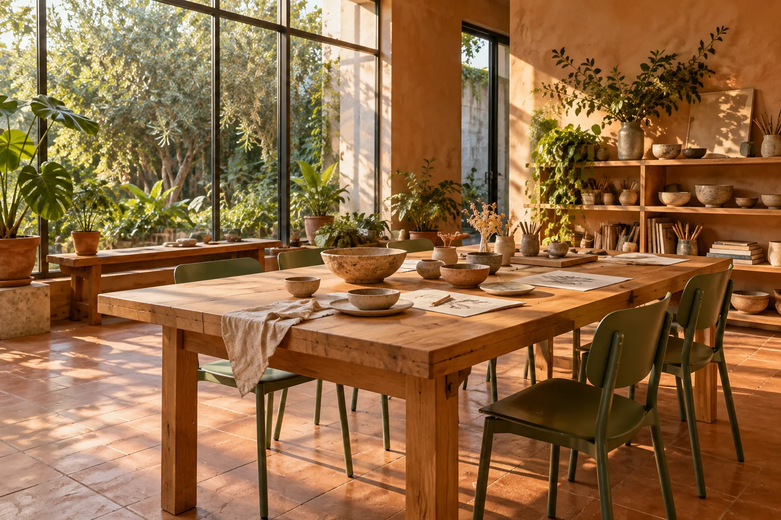 Sunlit community workshop with a timber table, green chairs and terracotta flooring