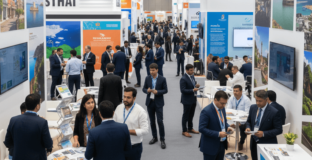 Travel and tourism exhibitors showcasing destinations and tour packages at Holiday Expo Coimbatore 2026, highlighting sourcing opportunities and lead capture at a regional travel trade show.