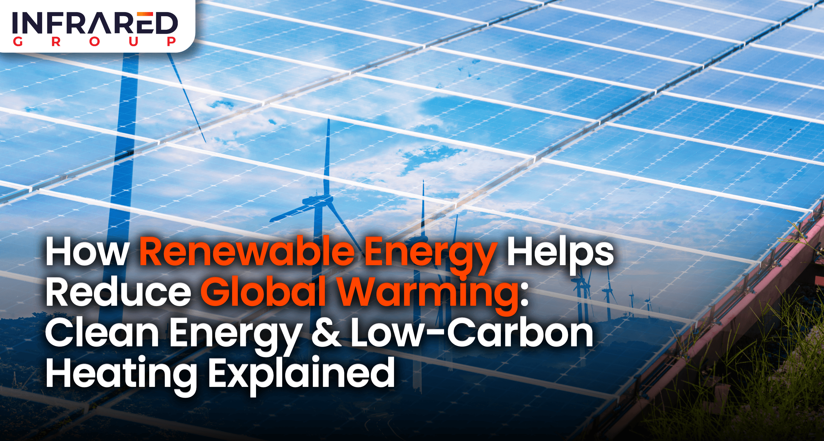 An image of ground mounted solar panels with a reflection of wind turbines visible in the glass and text that reads "how renewable energy helps reduce global warming: clean energy & low carbon heating explained"