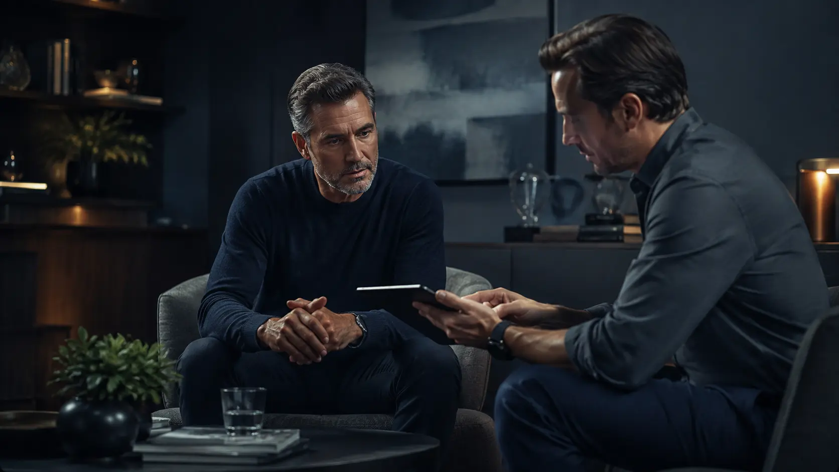 Two men in conversation, one holding a tablet