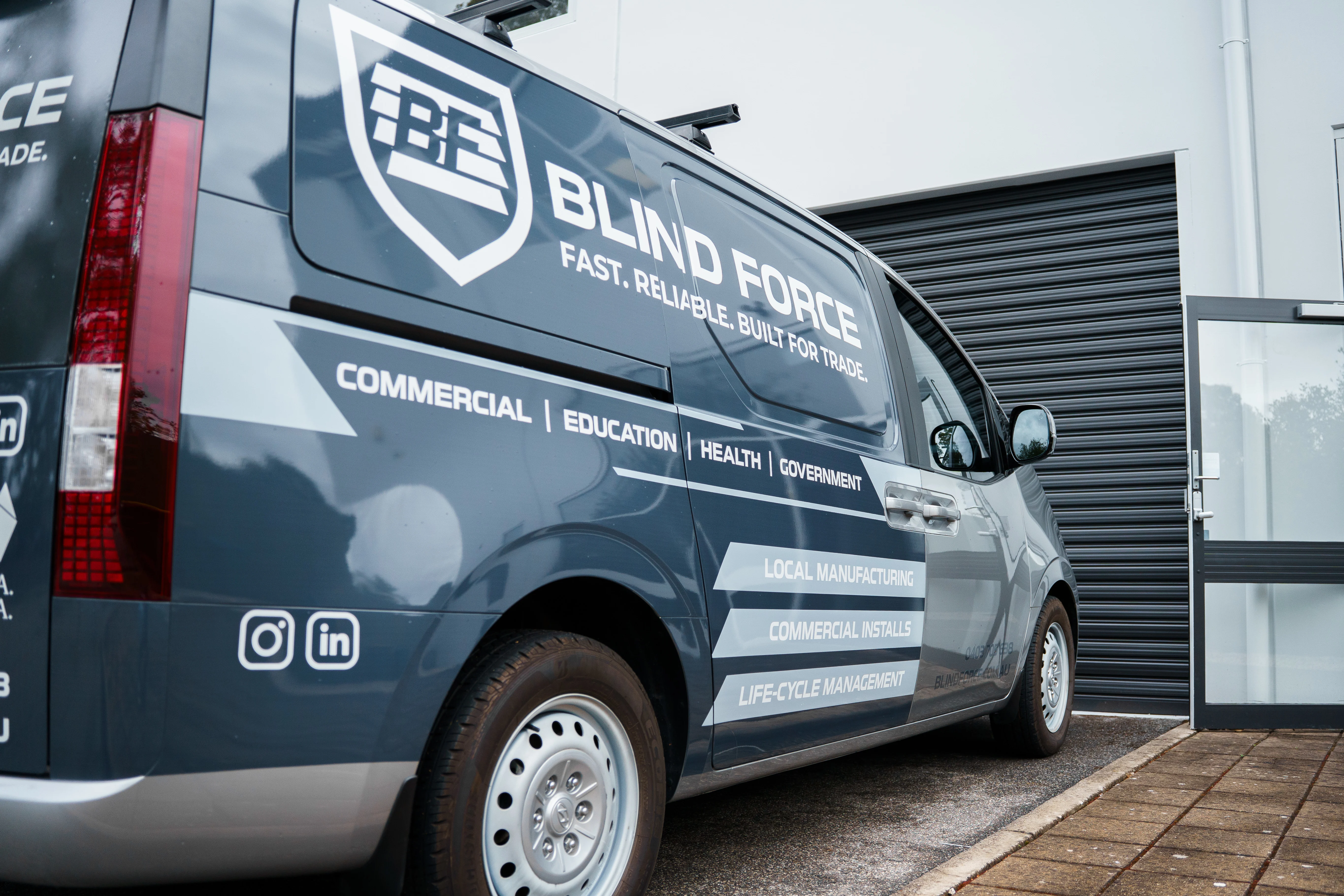 Blind Force service van used for commercial blind installation