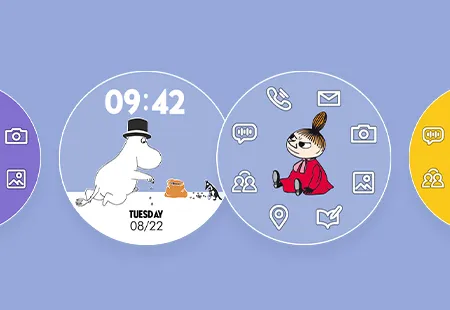 무민 캐릭터를 활용한 손목 밴드형 키즈폰의 화면 UI 구성