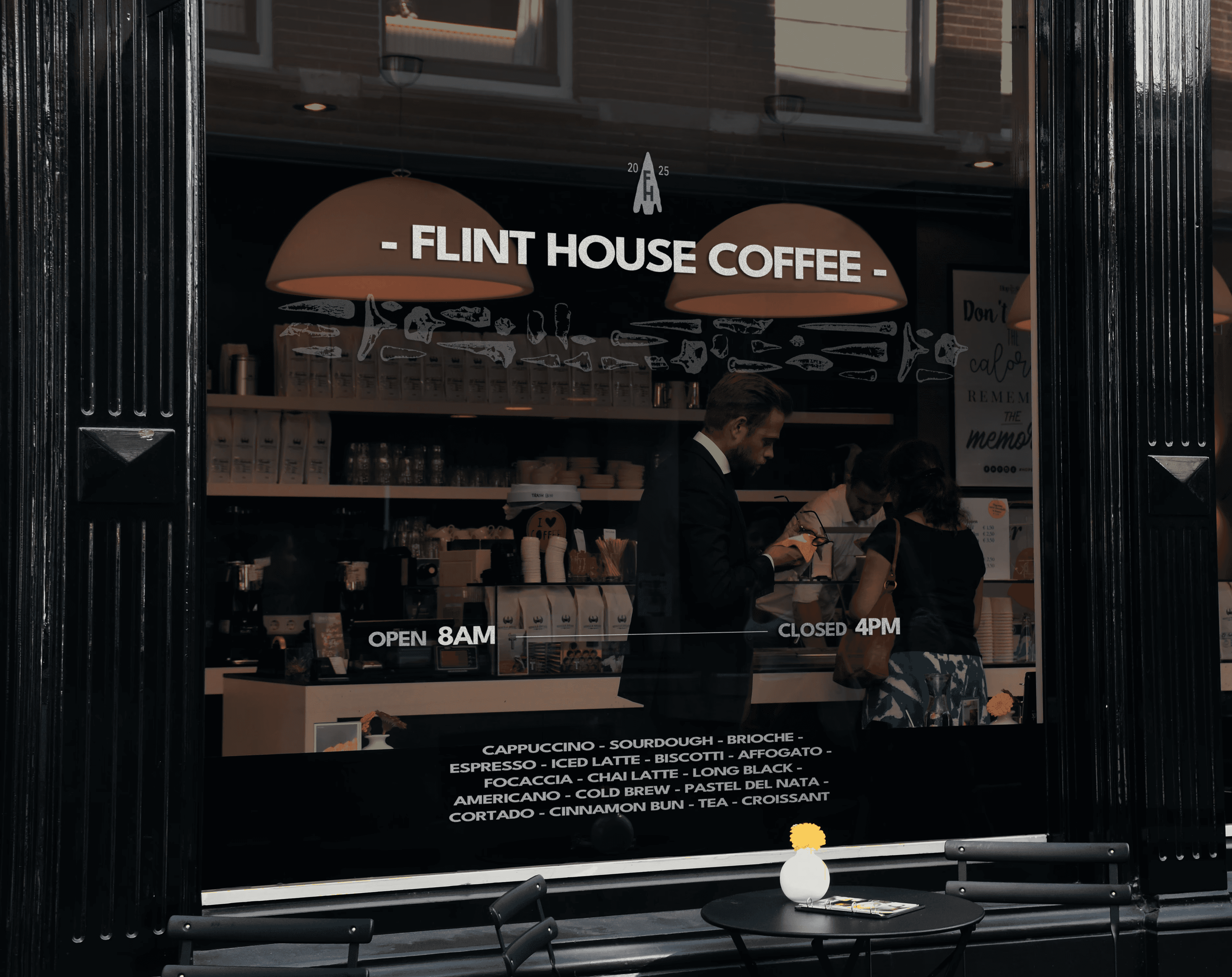 Cafe storefront branding, featuring people and illustrations for Flint House Coffee