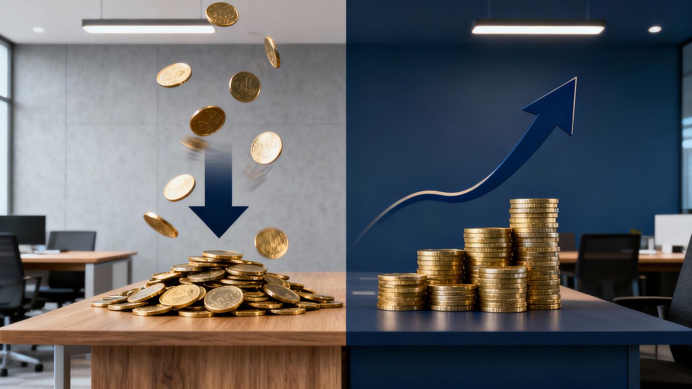 Falling and rising coins with arrows, cost reduction and profit increase.