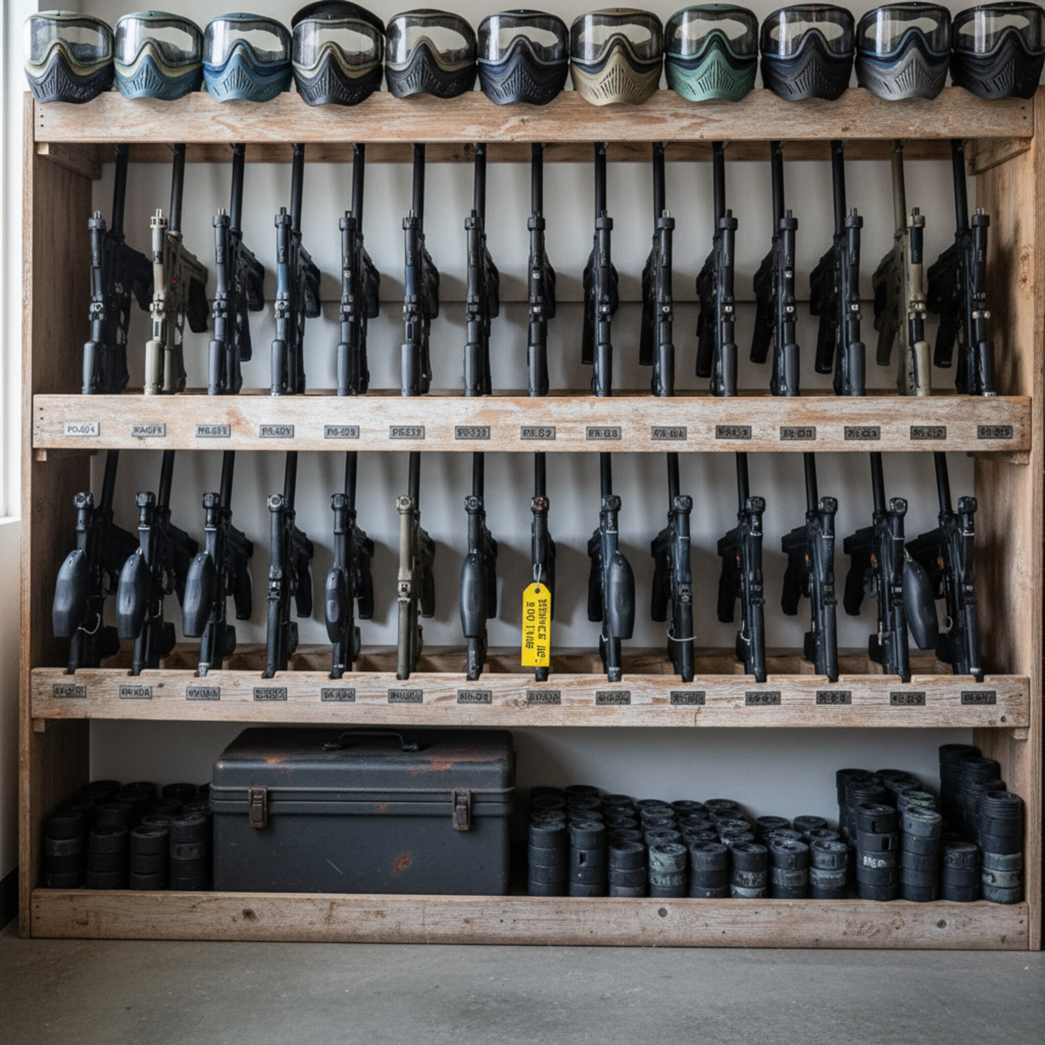 Ein Regal mit mehreren Ebenen zeigt Marker in Seriennummern-Reihen, Masken hängen sauber ausgerichtet. Eine Box mit Werkzeug liegt geschlossen bereit, ein gelber Wartungsanhänger baumelt sichtbar. Gleichmäßiges Licht unterstreicht Struktur und Übersicht, nichts wirkt zufällig.