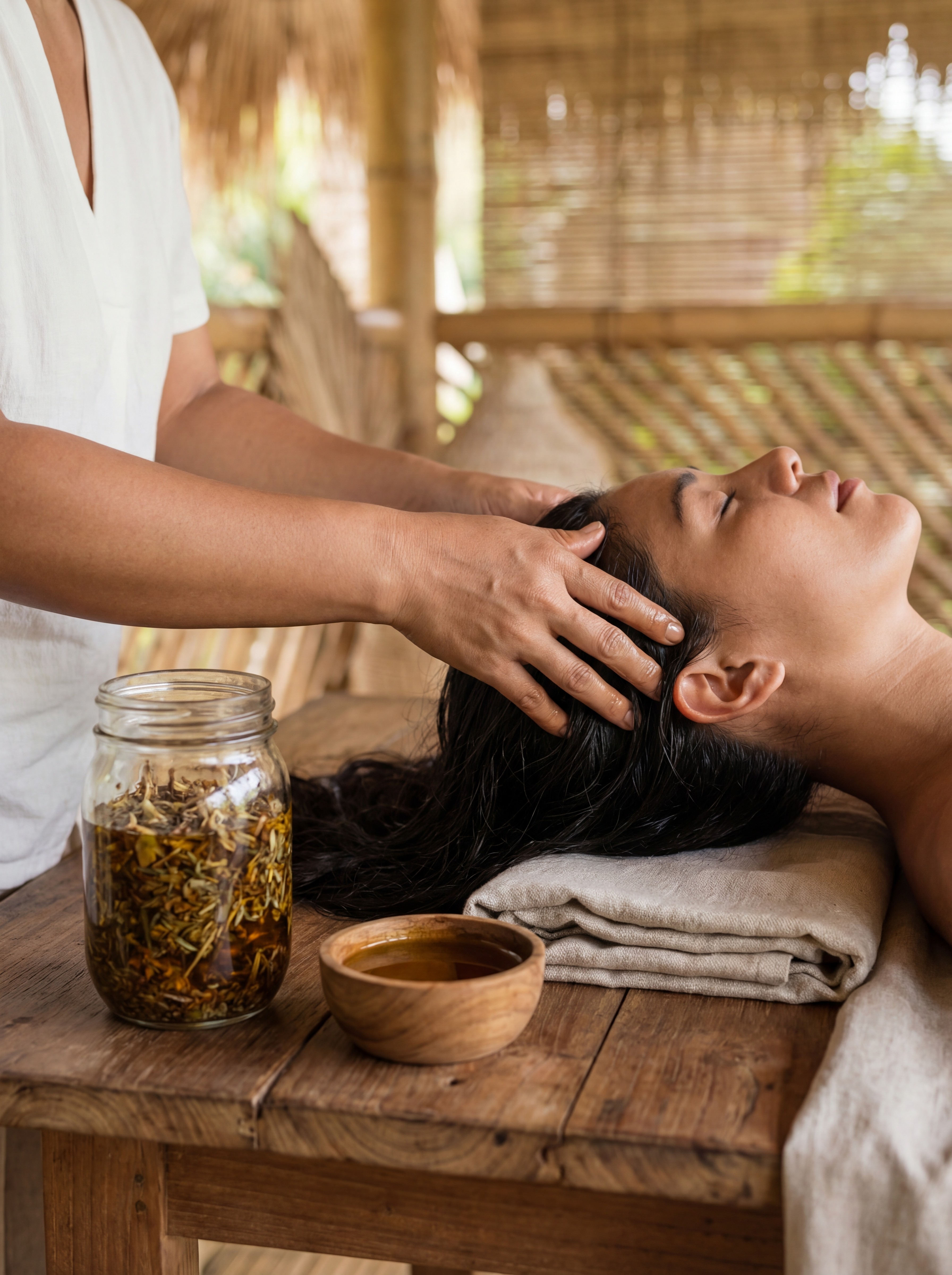 A close-up detail shot of Ayurvedic beauty care for hair and scalp: therapist’s hands massaging herbal oil into the scalp, visible natural ingredients like infused oils or herbs nearby. Focus on touch, care, and nourishment rather than faces. Soft light, calm atmosphere, tropical wellness setting implied through textures and color. Clean, minimal composition with warm wood, linen towels, and natural elements. Holistic, chemical-free beauty aesthetic, authentic wellness photography.