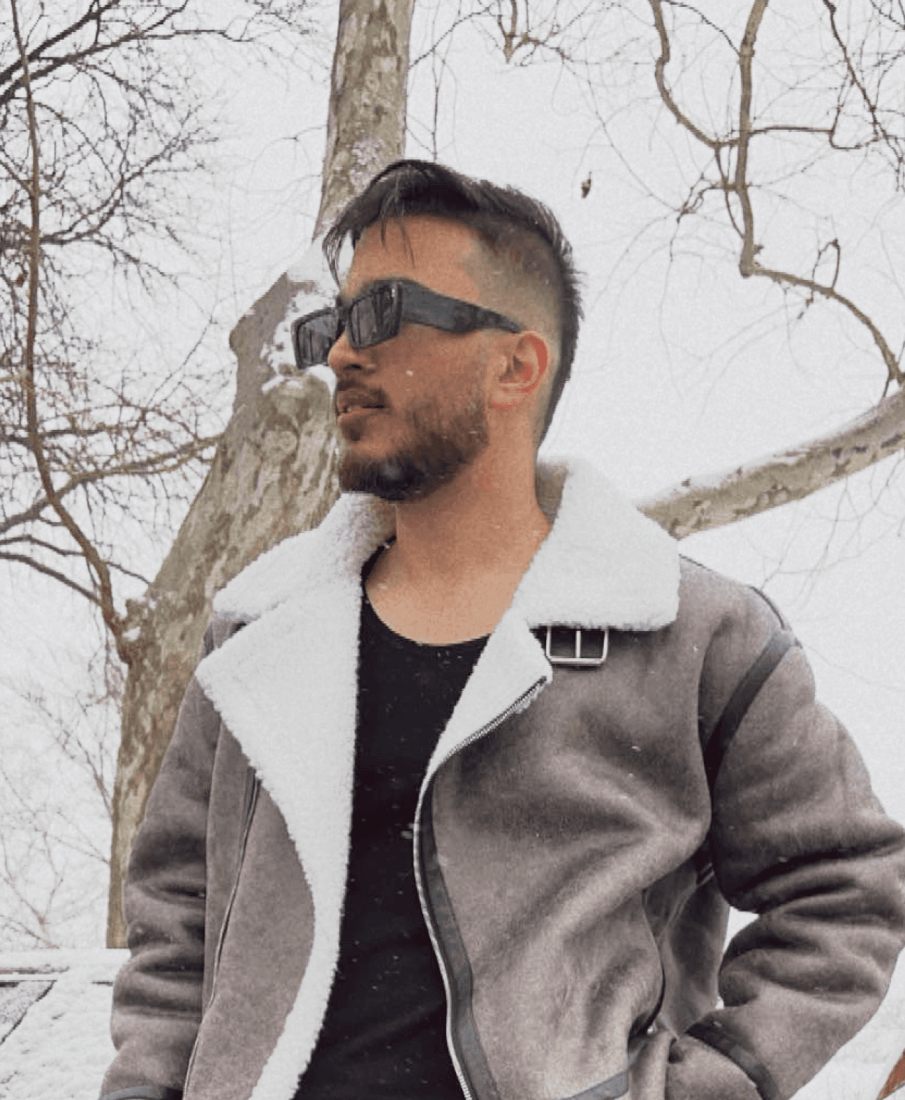 A handsome photo of Shaik's (Me) in Grey Suede Leather Jacket on the First Day of Snow in Chicago 2025.