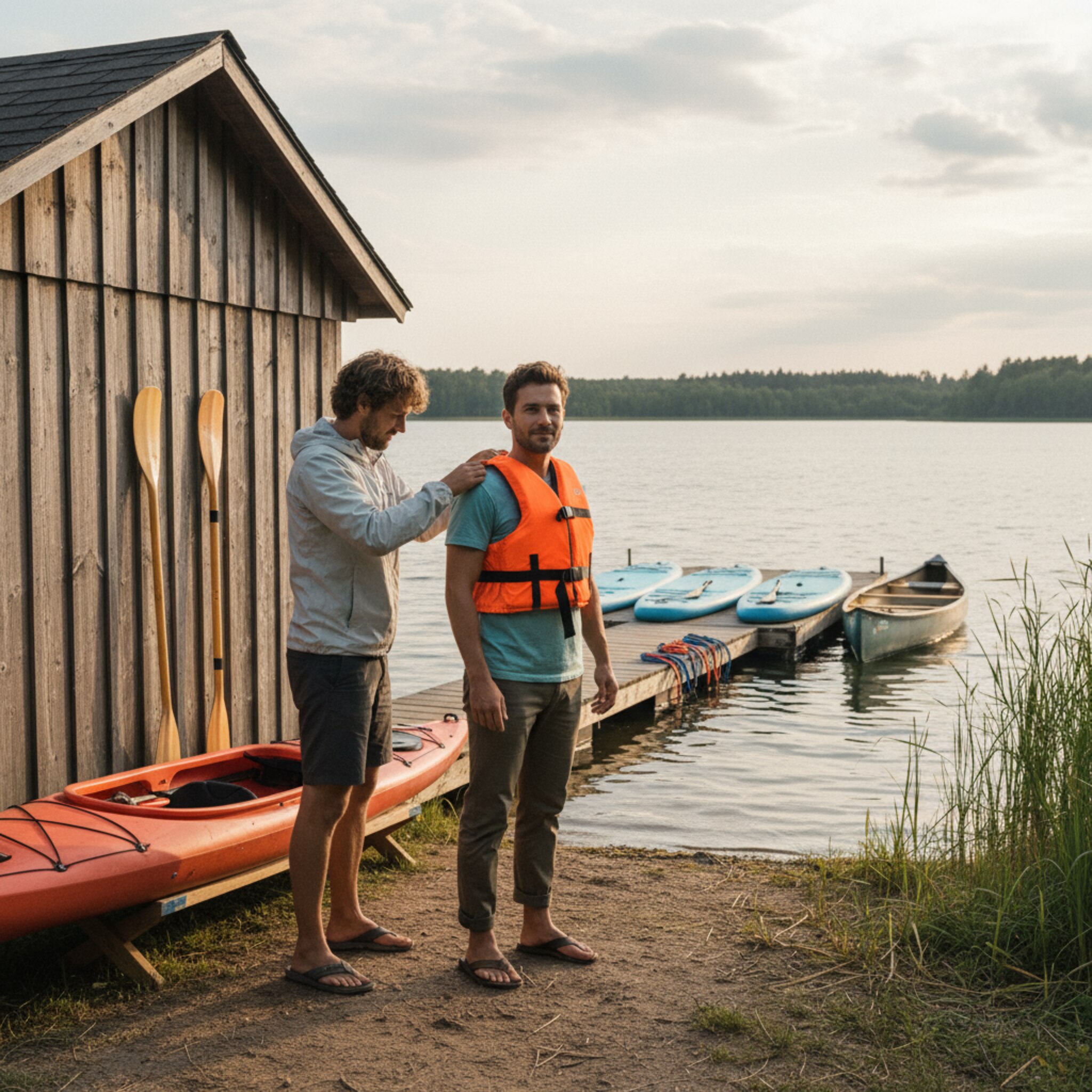 Neben der Hütte lehnt ein Kajak auf einem Ständer, Paddel liegen parallel aufgereiht. Ein Gast bekommt eine Rettungsweste angepasst, im Hintergrund ruhen weitere Boards am Steg. Das Wasser schimmert, die Atmosphäre ist strukturiert und gelassen.