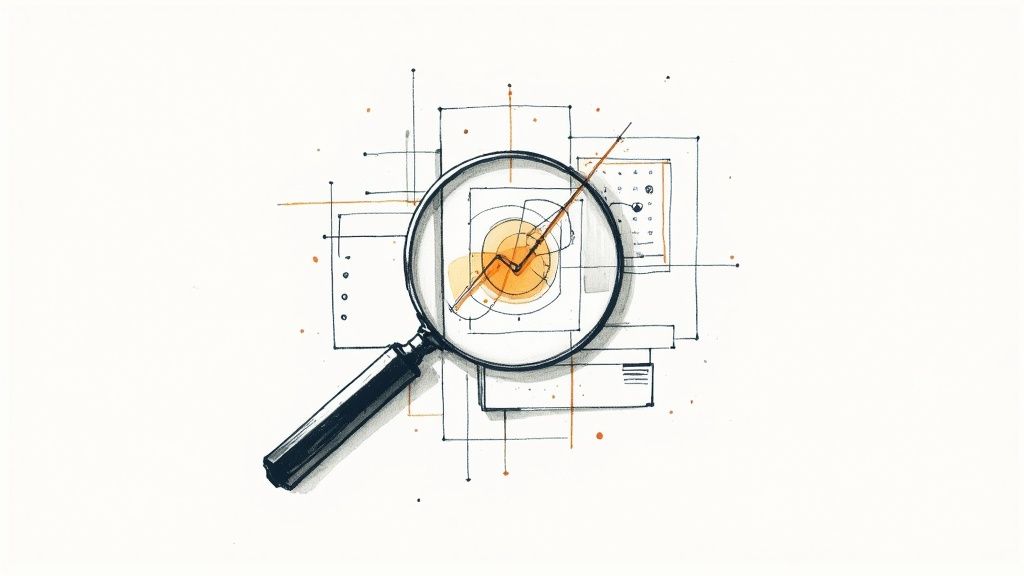 A magnifying glass hovers over an abstract sketch with orange highlights and a checkmark, symbolizing data analysis.